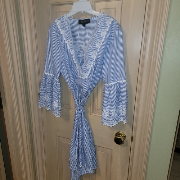 Misses sz M Laundry by Shelli Segal Blue white embroidered Dress Tie Belt - Picture 9 of 10